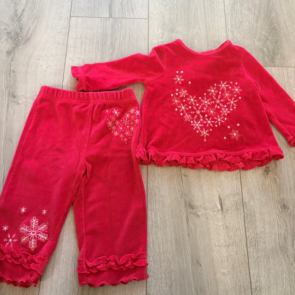 Koala Kids Snowflake Heart Ruffle Red Ribbed Pant Set 12M Christmas Vintage Y2K